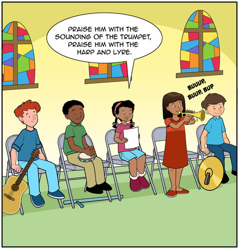 Casey and her friends are in the band performing in front of the church:
As Casey says, “Praise him with the sounding of the trumpet, praise him with the harp and lyre”, Sophia blows into a trumpet and notes come out or a “buuuuup, buuup, buppp”