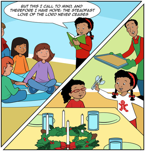 Panel two is a split panel. On the left side, Casey reads the Bible while her Sunday school peers listen. She says, “But this I call to mind, and therefore I have hope: The steadfast love of the Lord never ceases. On the right side, Casey helps by setting the table for supper while her dad takes a casserole out of the oven.