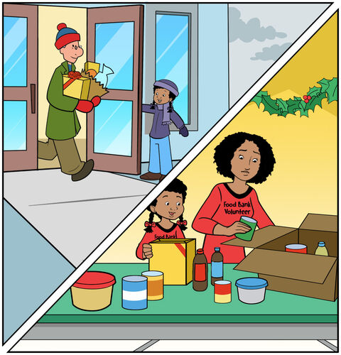 Panel three is a split panel. On the left side, Casey is holding a door open for someone who needs help, and she gives them a big smile. On the right side, her family is donating food to the food pantry.