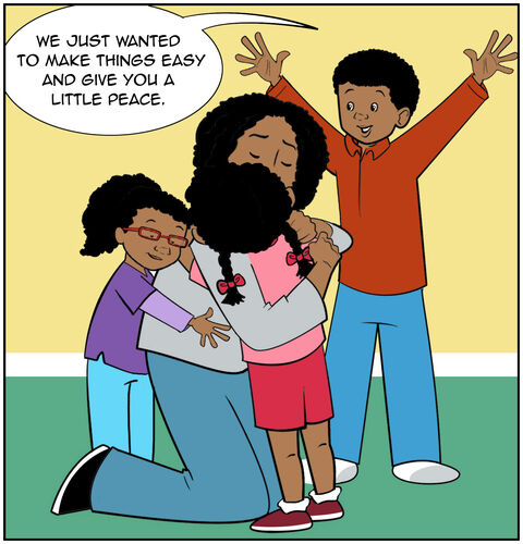 Mom and the girls are hugging as Jack comes into the hug as well saying, “We just wanted to make things easy and give you a little peace.”