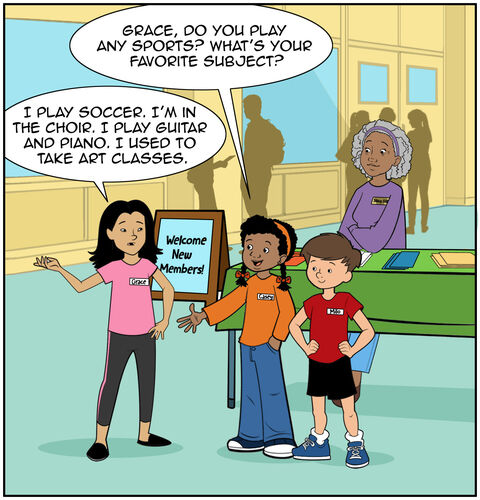 The scene is at church. Other people are in the church’s foyer. Mrs. Bell is wearing a name tag and so are Casey and Milo. There is a sign in the background that says “Welcome New Members”. They are talking to Grace Park. Casey asks, “Do you play any sports? What’s your favorite subject?” Grace is shy and replies, “I play soccer. I’m in the choir. I play guitar and piano. I used to take art classes.”