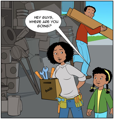 It’s late fall. By the open garage, Dad and Mom are putting on tool belts and carrying some lumber. Casey comes over and asks, “Hey guys, where are you going?”