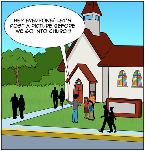 Sophia’s Dad (Sergio Cruz) collects everyone in his family for a selfie in front of the church. Sergio says, “Hey everyone! Let’s post a picture before we go into church!” Everyone is coming into the shot and getting ready. We see other people in the background coming to church.