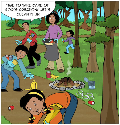 They arrive at the bottom of the hill. There’s a recently put-out campfire with lots of bottles, cans, and cardboard. Dad is taking out a blue recycle bag from his pack. They pick up garbage with their gloved hands. Dad says, “Time to take care of God’s creation! Let’s clean it up.”