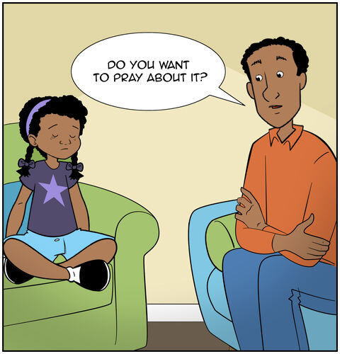 Casey is disappointed. She’s sitting huddled on the couch, arms around her knees. She’s crying a little. Dad is comforting her saying, “Do you want to pray about it?”