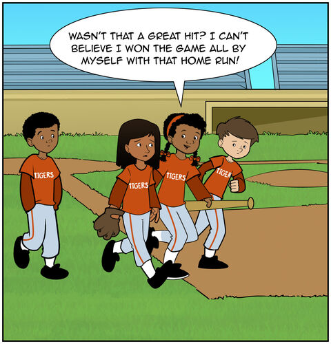 The baseball game is over. Milo, Sophia, Jack, and Casey all wear the same uniforms. They all walk together as a group (with their uniforms, bats, gloves, etc.), and Casey brags about her home run. "Wasn't that a great hit? I can't believe I won the game all by myself with that home run!" And the others are rolling their eyes or giving each other knowing looks.