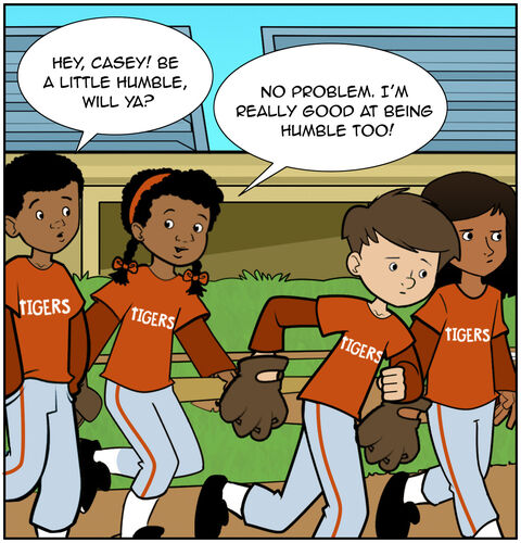 Milo and Sophia walk ahead, angry and sad. Jack stops Casey and leans over and says, “Hey, Casey! Be a little humble, will ya?” Casey says pridefully, “No problem. I’m really good at being humble too!”
