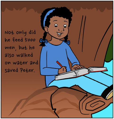 Her thoughts continue, “Not only did he feed 5000 men, but he also walked on water and saved Peter.”