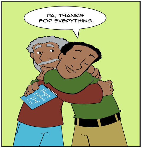 Dad is now hugging his dad and saying, “Pa, thanks for everything.” Grandpa is also very happy to receive this hug. John has a different Father’s Day card in his hand.