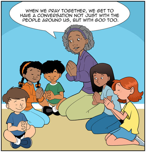 Mrs Hall folds her hands as she talks to everyone. She says, “When we pray together, we get to have a conversation not just with the people around us but with God, too.”