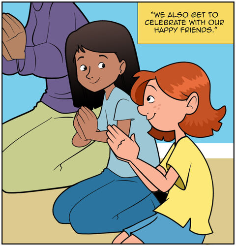 We see Sophia and another child smiling at each other, eyes open. The text is in a text box, and the words are within quotation marks: “We also get to celebrate with our happy friends.”