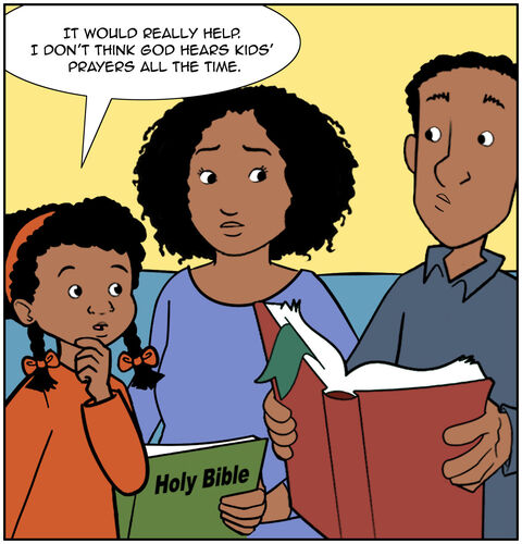 Casey continues, “It would really help. I don’t think God hears kids' prayers all the time.” Parents are surprised by this statement and share a glance together with each other.