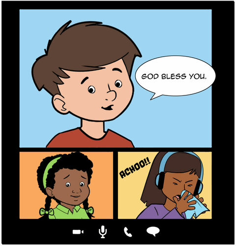 Sofia sneezes into a tissue “Ha-Choo!” Milo and Casey react and are sympathetic. Casey says, “God bless you.”