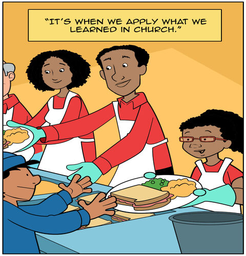 Text box with quotation marks. “It’s when we apply what we learned in church.” We see Tori helping Mom work at the food pantry. They are wearing the T-shirts we’ve seen before.