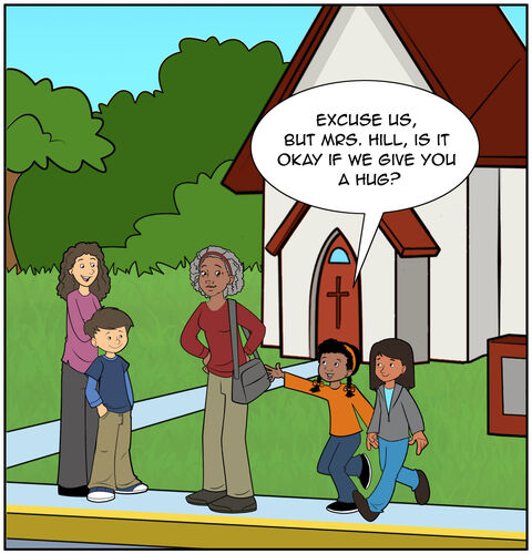 Mrs. Hall is talking to Mrs.Visser (Milo’s mom). Sophie and Casey politely interrupt their after-church conversation with Casey giving a tug on Mrs. Hall’s coat. Casey asks, “Excuse us, but Mrs. Hall, is it okay if we give you a hug?”