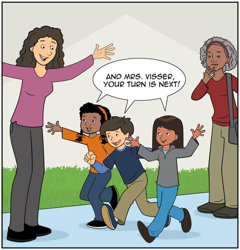 As they finish up, Casey moves to Mrs.Visser with arms wide open and says, “And Mrs. Visser, your turn is next!” Mrs. Visser smiles and bends down with her arms open. Sophie and Mrs. Hall finish the hug.