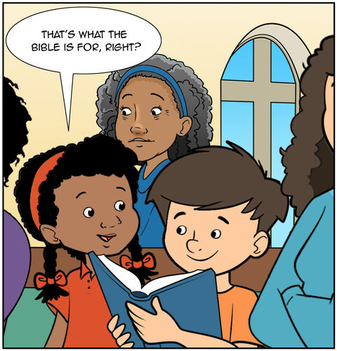 Casey says,  "That's what the Bible is for, right?"