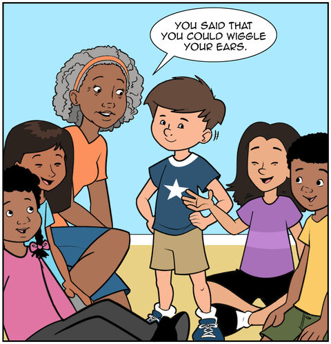 Mrs. Hall continues, “Sure do. You said that you could wiggle your ears.” Milo is demonstrating. We see that ear-wiggling is happening. Everyone is laughing and amazed. Some are pointing. Some may be trying to do it.