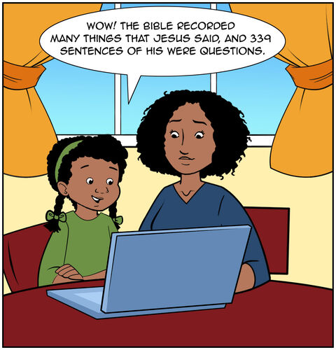 Casey is sitting at the table with Mom. Casey has a tablet in her hand, and Mom points to it, saying, “Wow! The Bible recorded many things that Jesus said, and 339 sentences of his were questions.”
