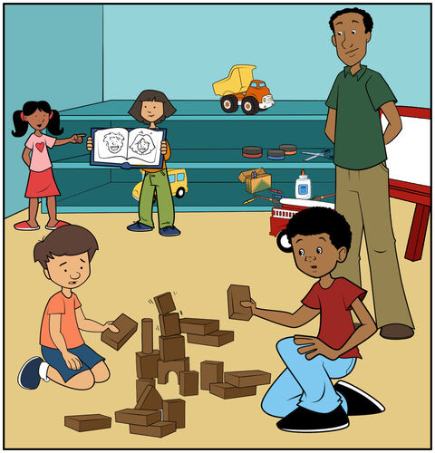 Jack teaches with his dad in the Sunday school class. Jack is down on the floor at the same level, helping a young toddler build a tower of blocks, but at this point, we see them both shocked that the tower is suddenly tumbling down.