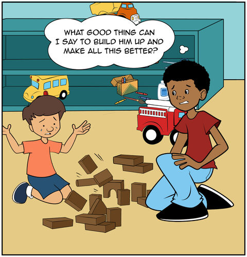 The toddler is about the cry. Jack is trying to calm him down. We read his thought balloon, “What good thing can I say to build him up and make all this better?”