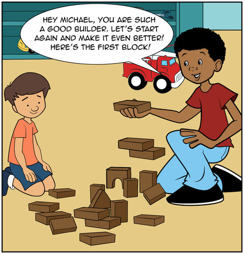Jack smiles and hands the toddler a block before the toddler starts crying. We see the toddler's expression change to one of joy. “Hey Michael, you are such a good builder. Let’s start again and make it even better! Here’s the first block!”