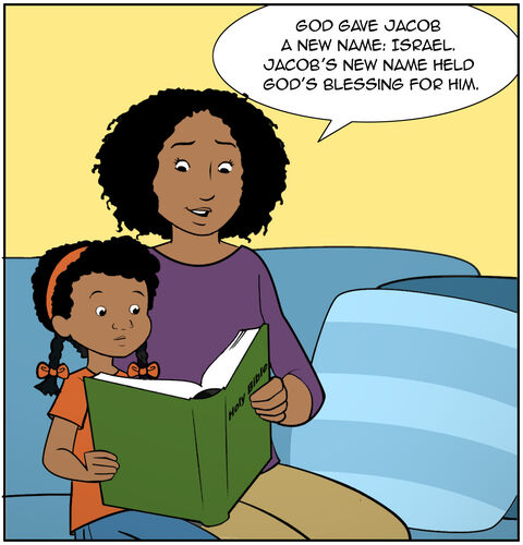 Mom and Casey are on the couch reading the Bible. Mom looks at Casey and explains, “God gave Jacob a new name: Israel. Jacob’s new name held God’s blessing for him.”