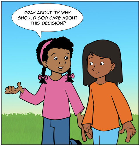 By a tree, Casey stops and questions, “Pray about it? Why should God care about this decision?