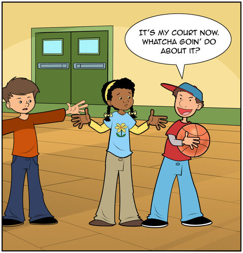 We see Casey and Milo leaning in and having a standoff with a bully. The bully is holding a basketball away from them and taunting Casey, saying, “It’s my court now. Whatcha goin’ do about it?”