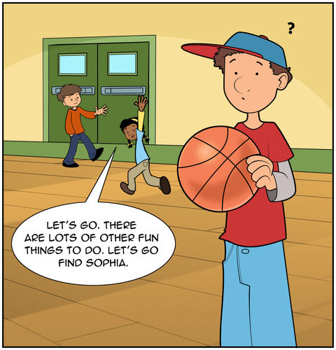 We see Casey and Milo walking away smiling. Casey says, “Let’s go. There are lots of other fun things to do. Let’s find Sophia.” The bully is left alone, confused.