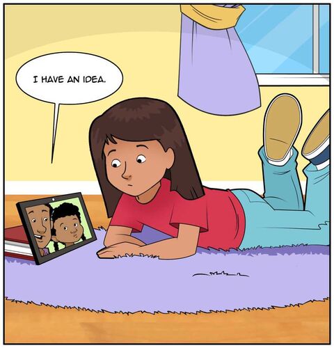 We see the conversation from Sophia’s view in her room. Dad comes back over to the screen and says, “I have an idea.” Sofia looks questioning. Casey does too.