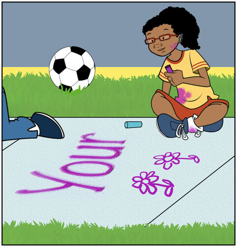 We see Tori working on a chalk drawing on a sidewalk square. The word “Your” is written on the square, and some child-like flowers and a happy face are drawn on it.