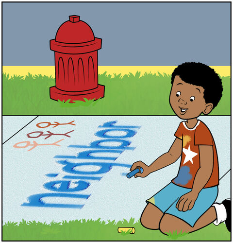 We see Jack working on a chalk drawing on a sidewalk square. The word “Neighbor” is written on the chalkboard, and images of diversity show stick figures of different colors standing together in unity.
