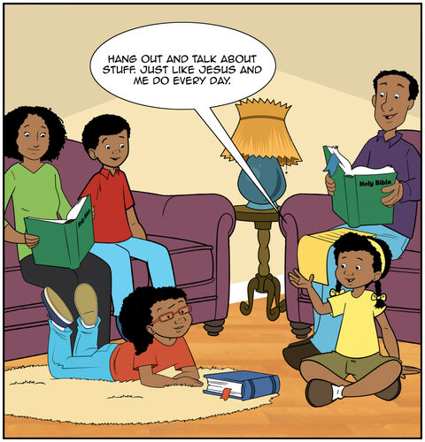 Casey says, “Hang out and talk about stuff. Just like Jesus and me do every day.” Everyone has a happy reaction.