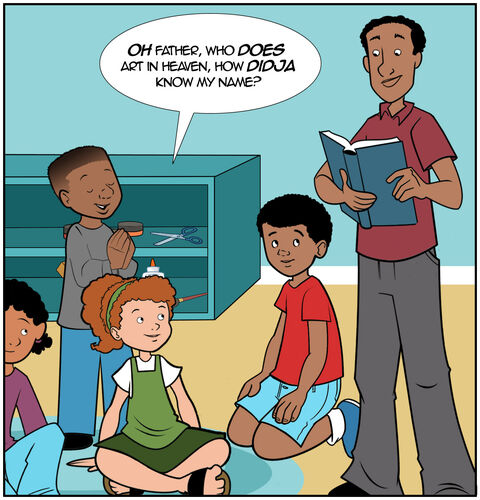 He stands and prays in all earnest, “Oh Father, who does art in Heaven, how didja know my name?”
Jack and Dad are both peeking as they are praying. Both are smiling.