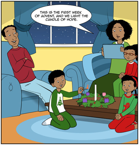 The family is in the living room, where the lighting is dim. We see Jack lighting the first purple candle as Mom says,” This is the first week of Advent, and we light the candle of hope.”