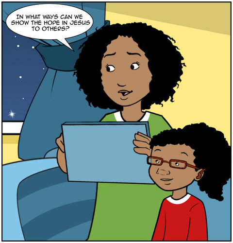 Close up on Mom who asks, “In what ways can we show the hope in Jesus to others?”