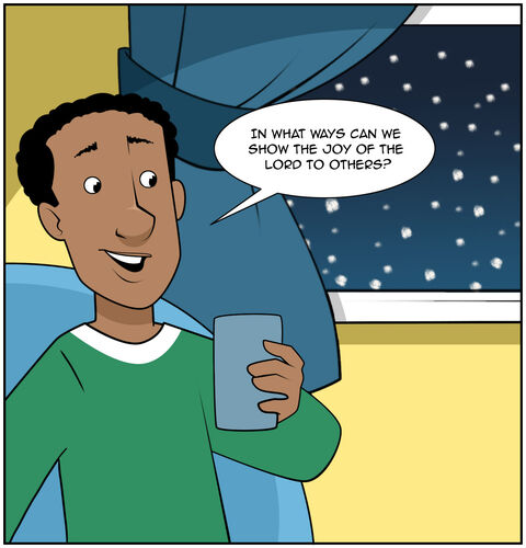 Close up on Dad who asks, “In what ways can we show the joy of the Lord to others?”