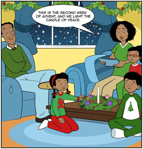 In panel one, the family is in the living room, where the lighting is dim. We see Casey lighting the first two purple candles as Mom says, “This is the second week of Advent. We light the candle of peace.”
