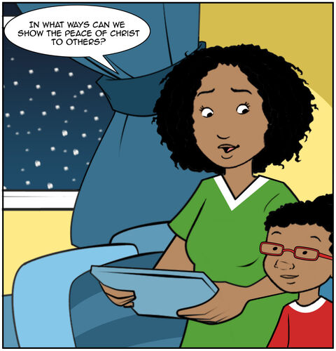 Close up on Mom who asks, “In what ways can we show the peace of Christ to others?”