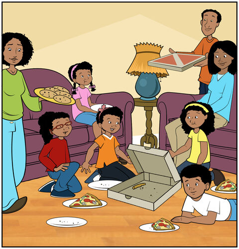 The two families (parents and kids) have enjoyed a pizza meal together. Dad still has a pizza box to serve. Mom brings a plate of cookies.