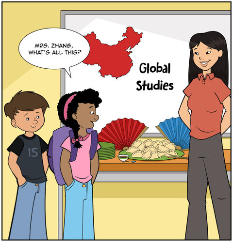 The word “Global Studies” is written and a map of China is on the whiteboard. In front of the whiteboard, there is a table with plates full of dumplings. Milo and Casey come into the classroom. Casey asks,  “Mrs. Zhang, what’s all this?”