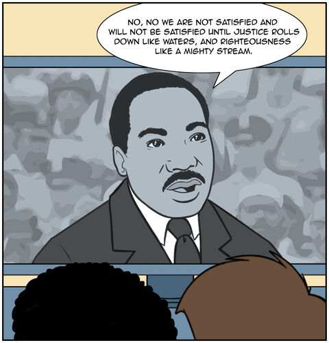 Some heads are watching the TV. They see Dr.King’s image and hear Dr. King’s voice  “No, no we are not satisfied and will not be satisfied until justice flows down like water and righteousness like a mighty stream.”
